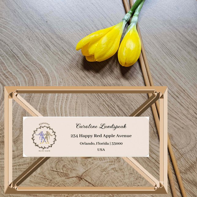 Etiqueta Dourado Sinal Gemini Zodiac, Morada Floral Embosca (Criador carregado)