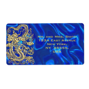 Etiqueta Dragão Dourado embutido em Satin Azul