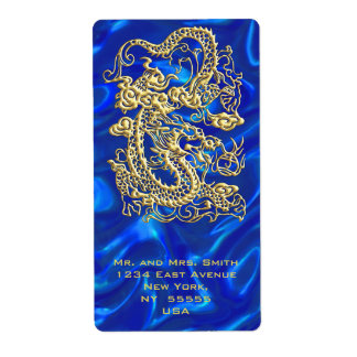 Etiqueta Dragão Dourado embutido no Impressão Satin Azul