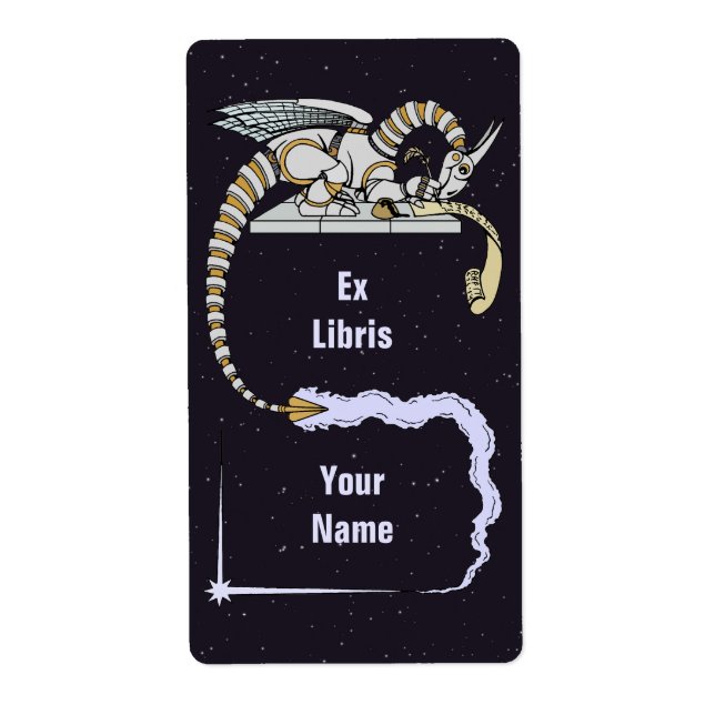 Etiqueta Dragão-Robô Escrevendo no Scroll Bookplate (Frente)