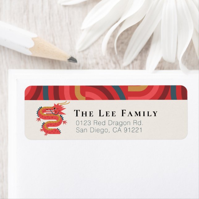 Etiqueta Dragão Vermelho Geométrico Chinês Ano Novo (Insitu)