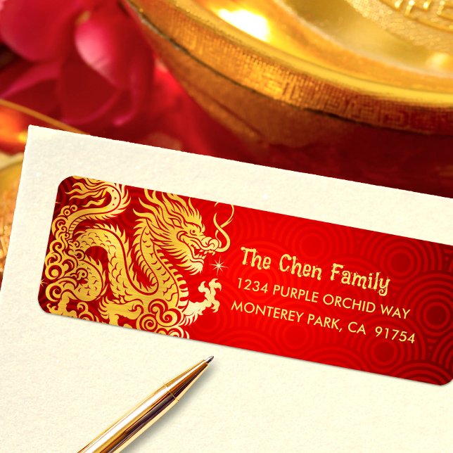 Etiqueta Dragon Gold Foil Chinese Lunar Ano Novo 2024 Red (LINK FOR 2025 YEAR OF THE SNAKE: https://www.zazzle.com/collections/119316095761799932)