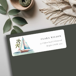 Etiqueta Dusky Teal Sailboat Palm Seascape Endereço