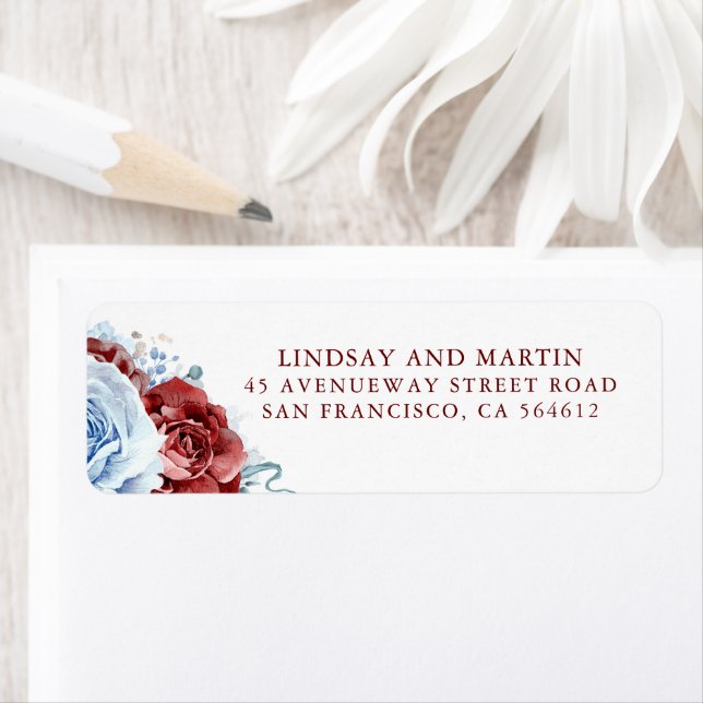 Etiqueta Dusty Blue and Red Flowers Elegant Botanical (Insitu)