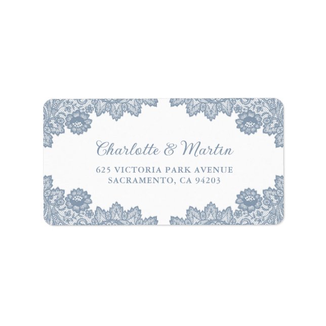 Etiqueta Dusty Blue Elegant Floral Lace Casamento (Frente)