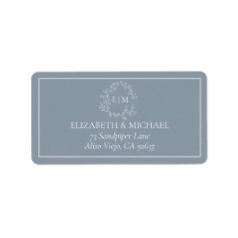 Etiqueta Dusty Blue Leafy Crest Monogram Wedding Address
