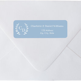 Etiqueta Dusty blue monogram initials wreath return address