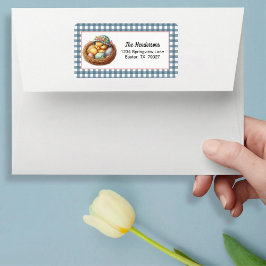 Etiqueta Easter Duckling with Eggs on Blue Gingham Plaid