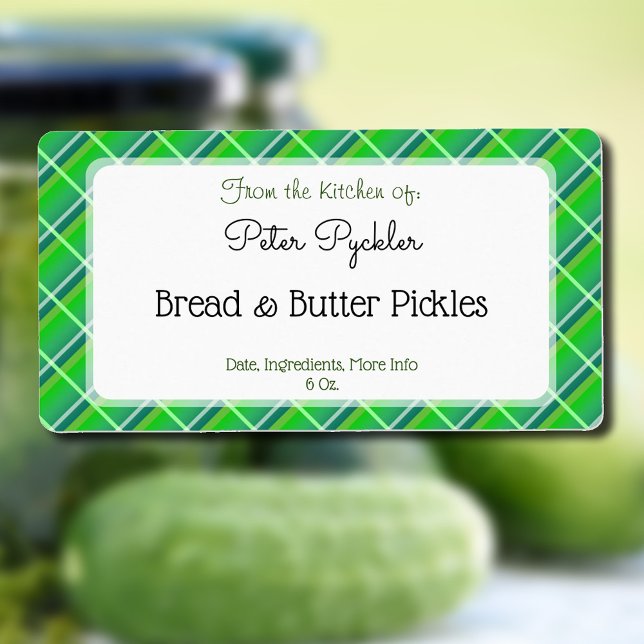 Etiqueta editável de Xadrez verde ou Comida retror (Green plaid pattern editable pickling or baking shipping label)