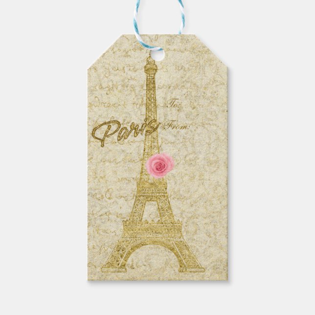 Etiqueta Eiffel Tower Dourada e rosa para presente (Frente)