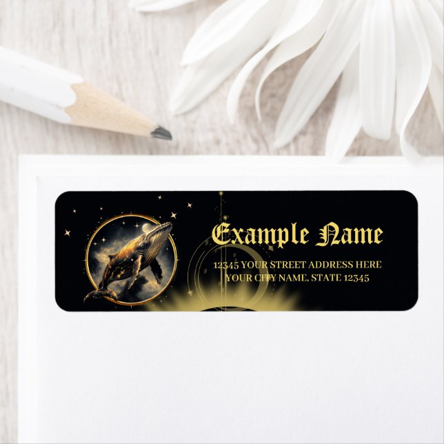 Etiqueta elegância cósmica, o ouro, baleia negra (Insitu)