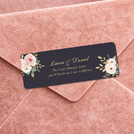 Etiqueta Elegant Black & Gold Roses Return Address Label