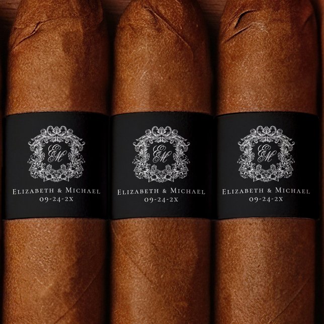 Etiqueta Elegant Black Monogram Wedding Crest Cigar Band  (Criador carregado)