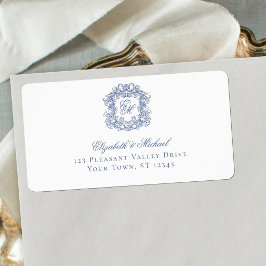 Etiqueta Elegant Blue Monogram Crest Wedding Address