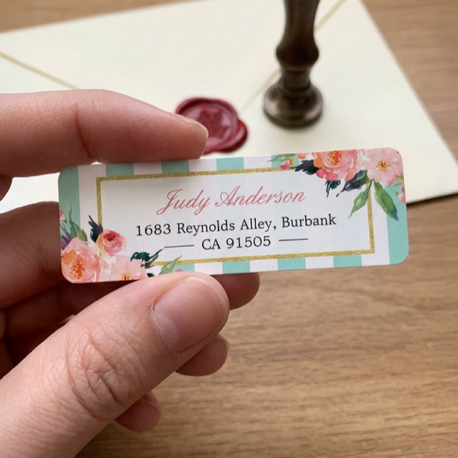 Etiqueta Elegant Chic Pink Flowers Mint Green Stripes (Criador carregado)