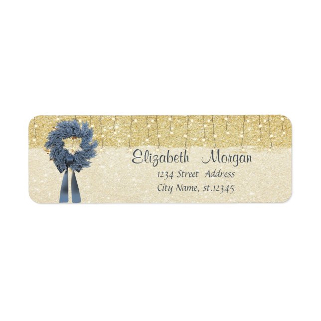 Etiqueta Elegant , Christmas Blue Wreath,Gold  Glittery (Frente)