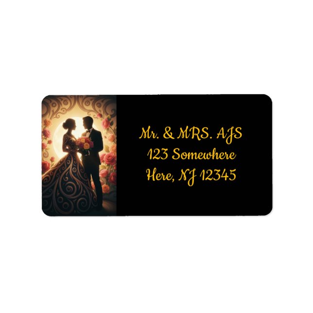 Etiqueta Elegant Couple Silhouette with Roses (Frente)