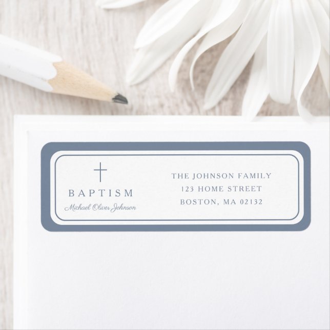 Etiqueta Elegant Dusty Blue Cross Boy Baptism Address  (Insitu)