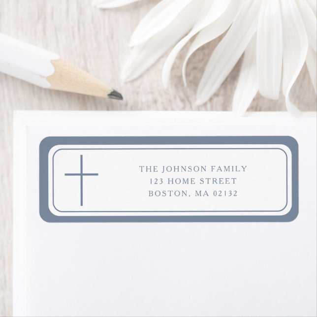 Etiqueta Elegant Dusty Blue Cross Boy Baptism Address  (Insitu)