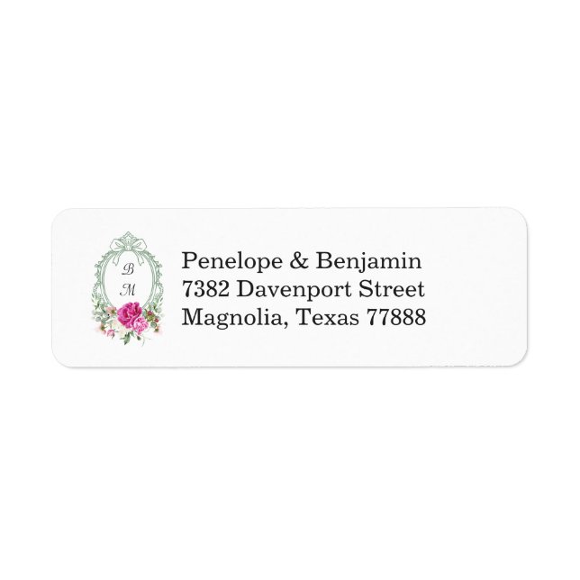 Etiqueta Elegant Floral Pink Peony Monogram Wedding Address (Frente)