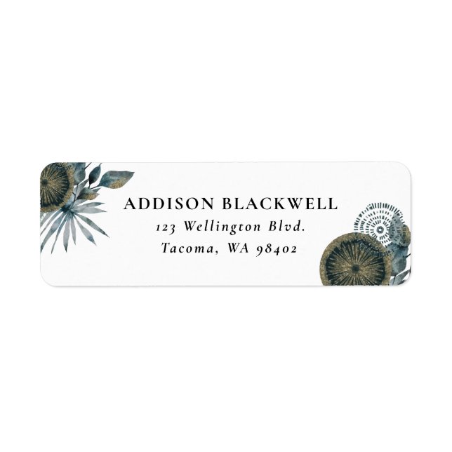 Etiqueta Elegant Geometric Teal Blue Gold Leaves (Frente)