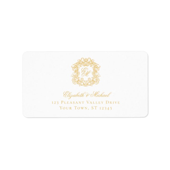 Etiqueta Elegant Gold Monogram Crest Wedding Address (Frente)