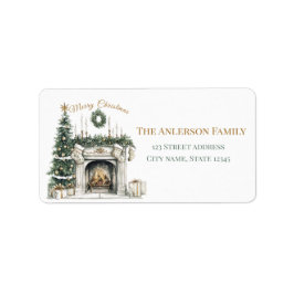 Etiqueta Elegant Merry Christmas Sticker with Fireplace
