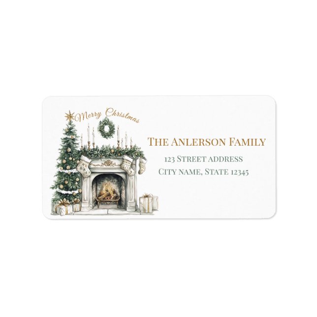 Etiqueta Elegant Merry Christmas Sticker with Fireplace (Frente)