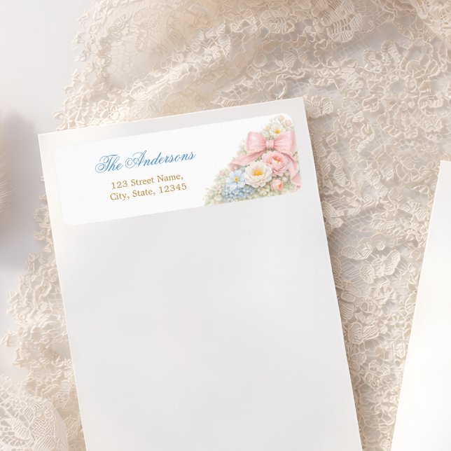 Etiqueta Elegant Pink Bow Floral Girl Baby Shower  (Criador carregado)