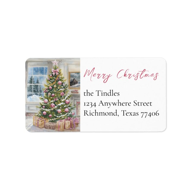 Etiqueta Elegant Script Pink Tree Non Photo Christmas (Frente)