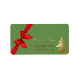 Etiqueta Elegante Árvore de Natal Dourada com Laço Vermelho