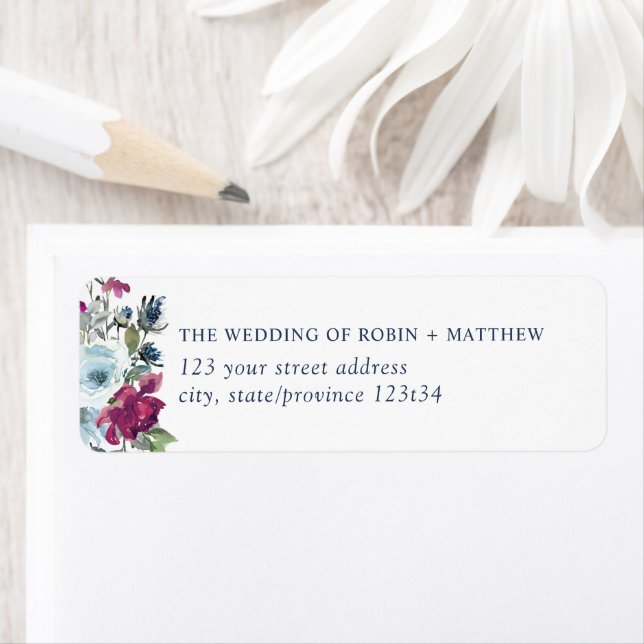 Etiqueta Elegante Berry Burgundy e Blue Floral Address Lab (Insitu)