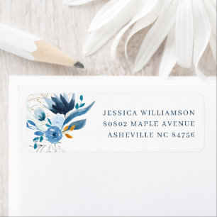Etiqueta Elegante Blue Watercolor Floral Return Endereço