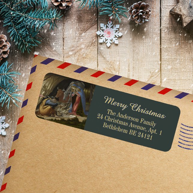 Etiqueta Elegante Botticelli Endereço de Natal Cristão (Elegant Green Grey Gold Botticelli Religious Christian Catholic Christmas Return Address Label)