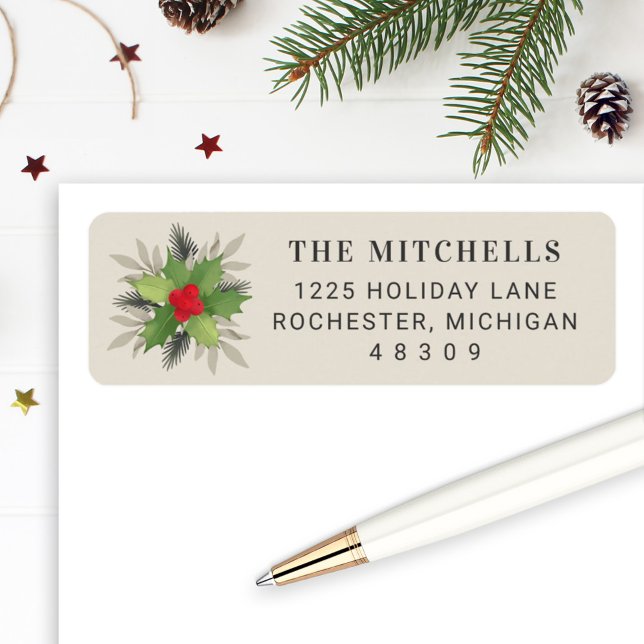 Etiqueta Elegante Cream Christmas Greenery Endereço de Regr (Criador carregado)