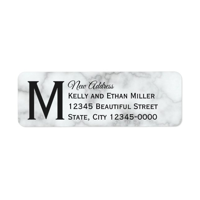 Etiqueta Elegante Faux White Marble Monogramed Novo Endereç (Frente)