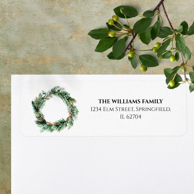 Etiqueta Elegante Greenery de Natal Endereço de Devolução (Elegant Greenery Christmas Wreath Return Address Label)