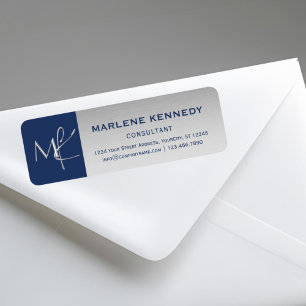 Etiqueta Elegante Monograma Marinho Blue Return Address L