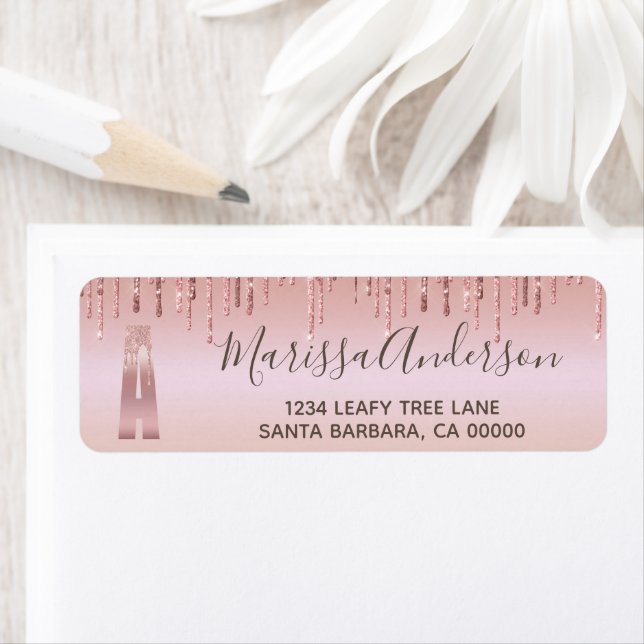 Etiqueta Elegante Monograma Rosa Dourada Glitter Girly (Insitu)