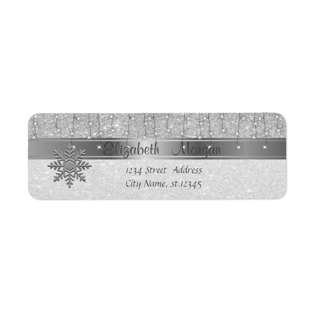 Etiqueta Elegante, Natal, Floco de Neve Brilho Prata (Frente)