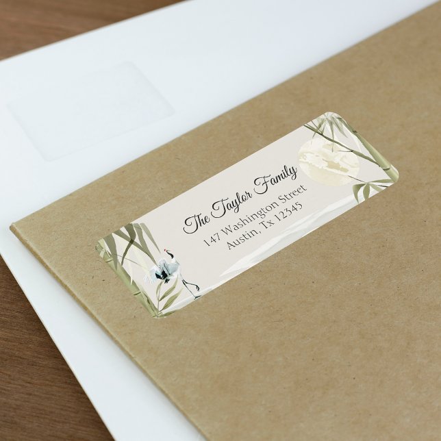 Etiqueta Elegante Oriental Bamboo Crane Family (Elegant Oriental Bamboo Crane Family Label)