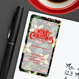 Etiqueta Elegante Poinsettia Berries em Black Return Addres