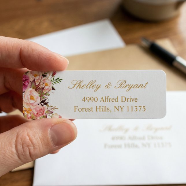 Etiqueta Elegante Rosa Bege Floral Dourado Casamento (Criador carregado)