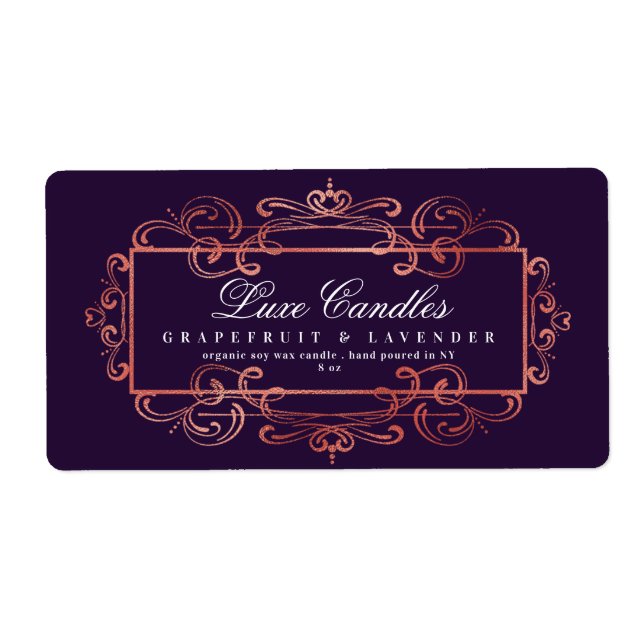 Etiqueta Elegante Rosa Gold Foil Swirl Dark Purple Luxurios (Frente)