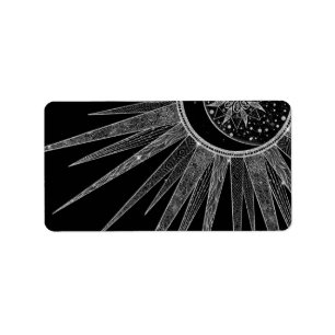 Etiqueta Elegante Silver Sun Moon Mandala Black Design