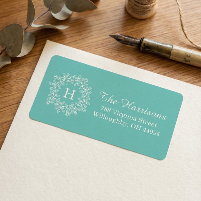 Etiqueta Elegante Tiffany Teal green Floral Wreath Monogram (Criador carregado)