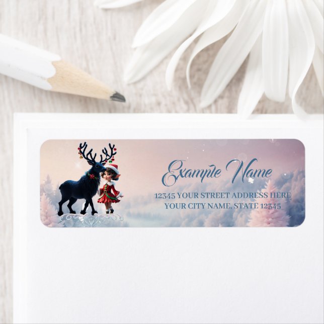 Etiqueta Elfo de Natal bonito e renas escuras. (Insitu)