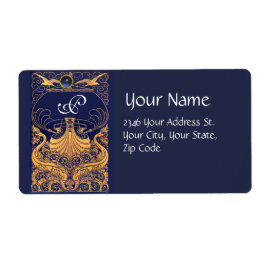 Etiqueta Embarcação Antica,Golfinhos,Dourado,Monograma Azul