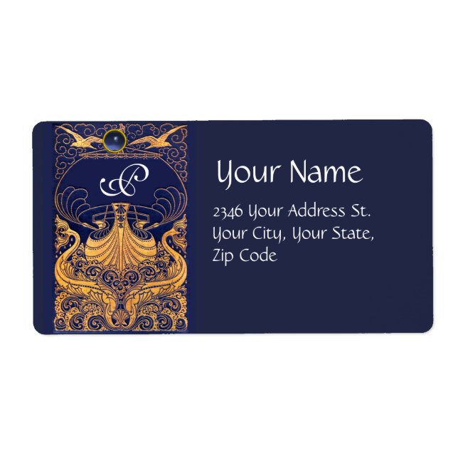 Etiqueta Embarcação Antica,Golfinhos,Dourado,Monograma Azul (Frente)