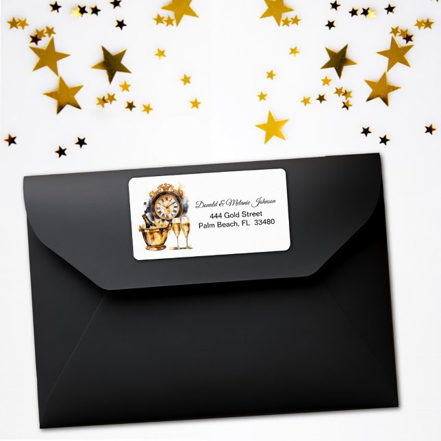 Etiqueta Endereço de Ano Novo Preto e Dourado (Criador carregado)